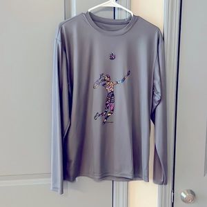 Grey long sleeve sports shirt. Volleyball image on front. Super cute! And comfy